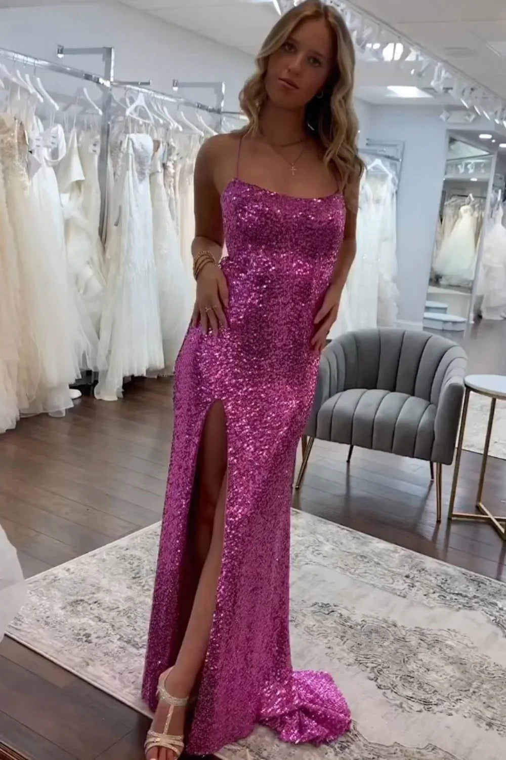 Sparkly Mermaid Spaghetti Straps Sequin Pink Prom Dress With Split