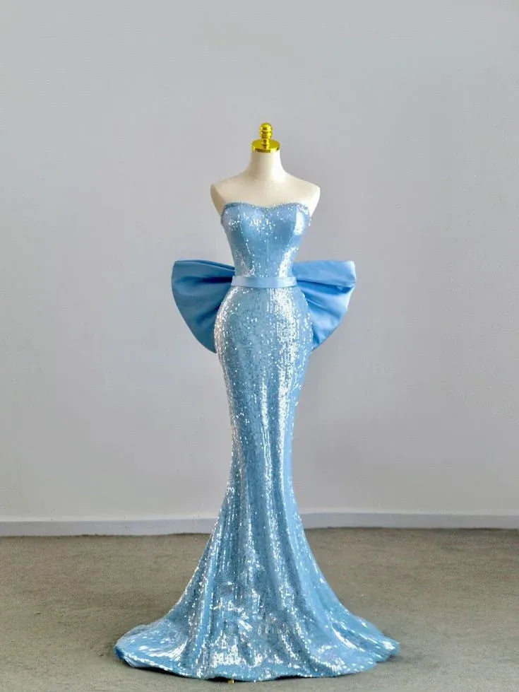 Sparkly Mermaid Strapless Bow Detail Sequins Sky Blue Long Evening Dresses