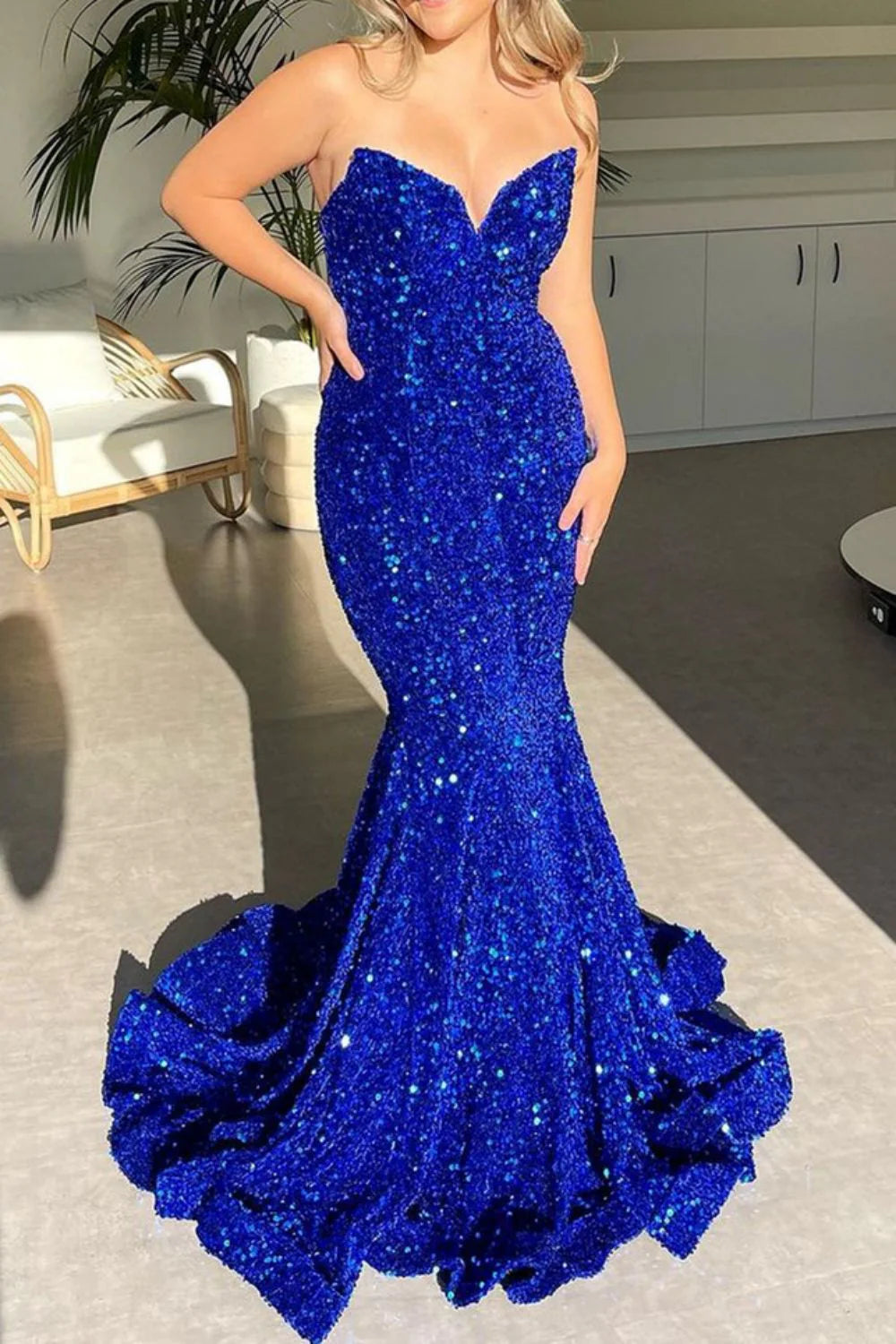 Sparkly Mermaid Strapless Corset Sequin Royal Blue Long Prom Dress