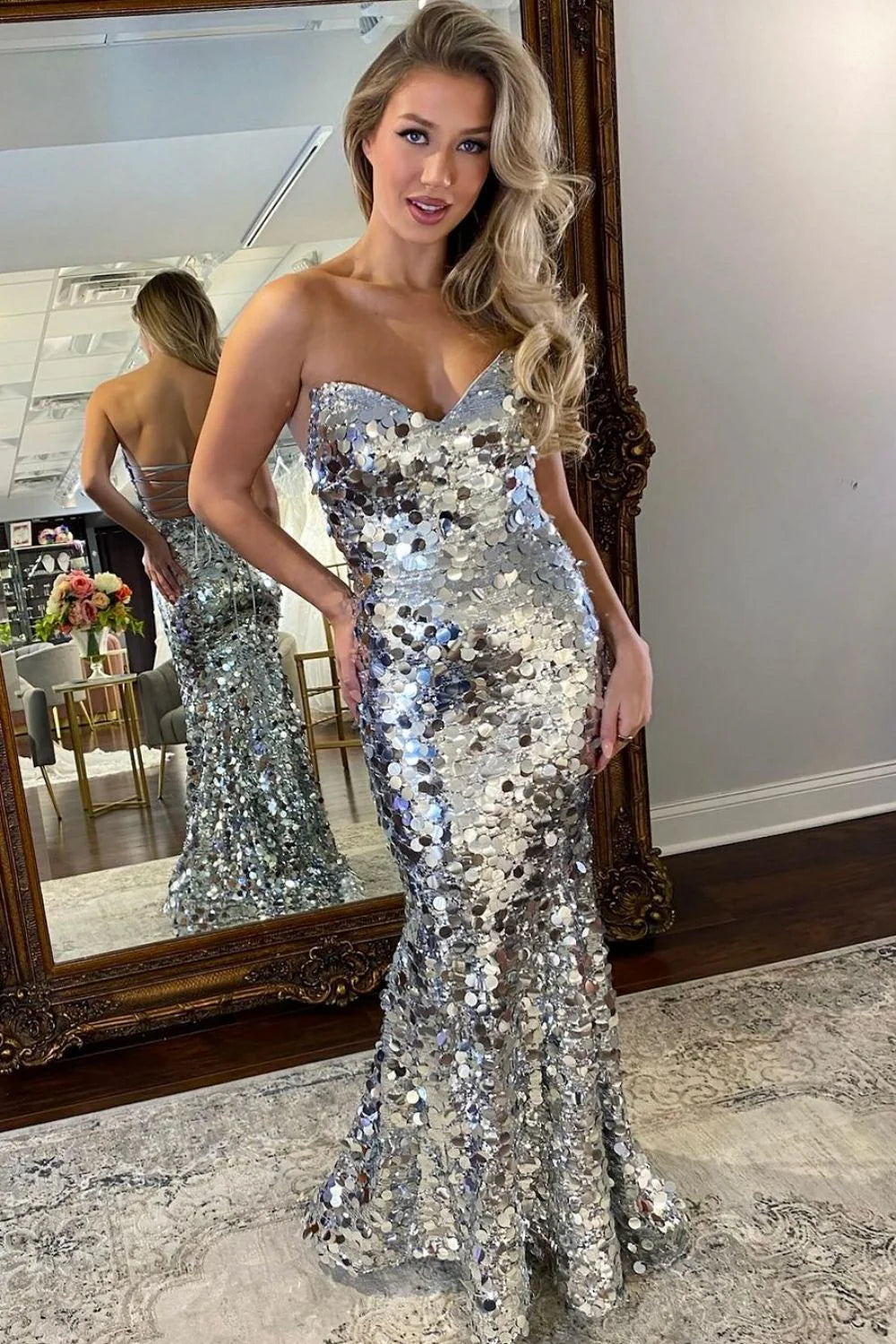 Sparkly Mermaid Strapless Corset Sequin Silver Floor Length Prom Dress