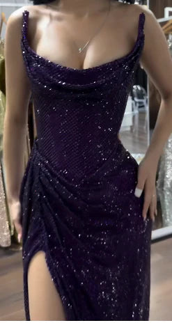 Sparkly Mermaid Strapless Slit Sequin Grape Long Evening Dress Prom Dress