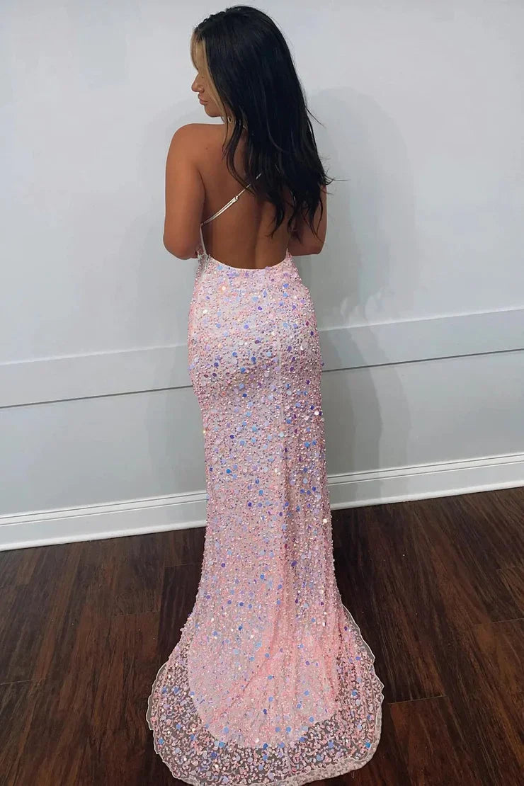 Sparkly Mermaid/Trumpet V Neck Sleeveless Sequins Sweep/Brush Train Prom Dress