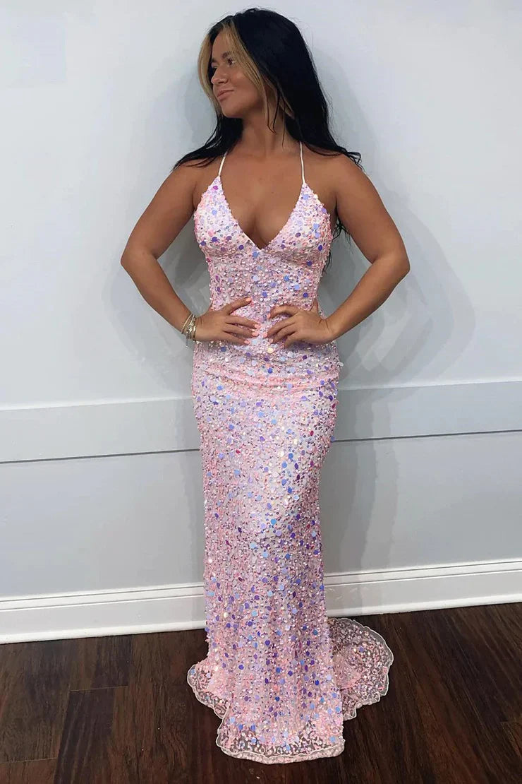 Sparkly Mermaid/Trumpet V Neck Sleeveless Sequins Sweep/Brush Train Prom Dress