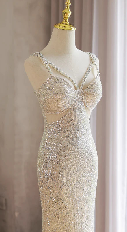 Sparkly Mermaid V-neck Beaded Sequin Light Champagne Formal Evening Dress