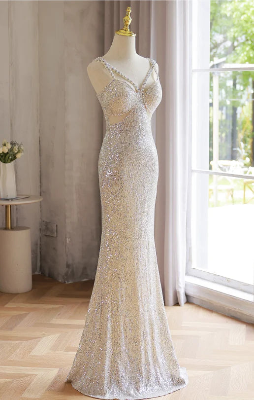 Sparkly Mermaid V-neck Beaded Sequin Light Champagne Formal Evening Dress