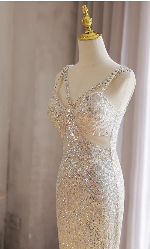 Sparkly Mermaid V-neck Beaded Sequin Light Champagne Formal Evening Dress