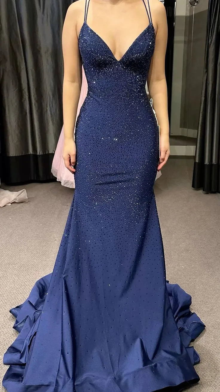 Sparkly Mermaid V-neck Sleeveless Crisscross Back Navy Floor-length Prom Dress for Women Hot Sale