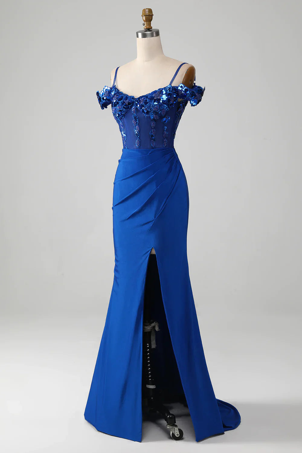 Sparkly Mermaid Off The Shoulder Beaded Sequin Royal Blue Prom Dress