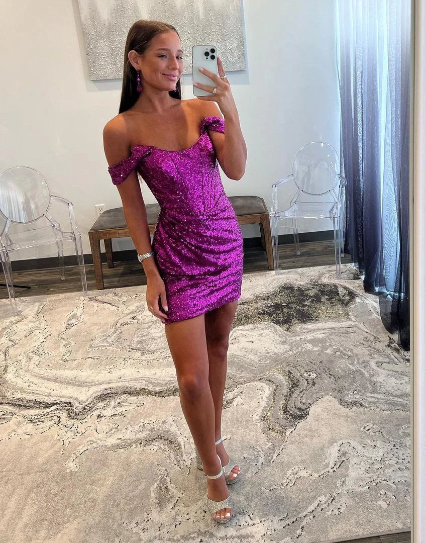 Sparkly Off The Shoulder Pleated Sequin Purple Short Homecoming Party Dress