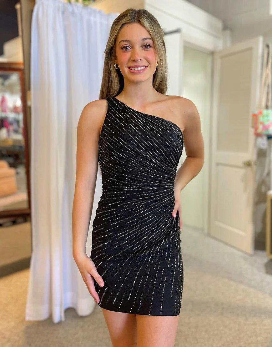 Sparkly One Shoulder Sleeveless Tight Black Homecoming Dress With Beaded