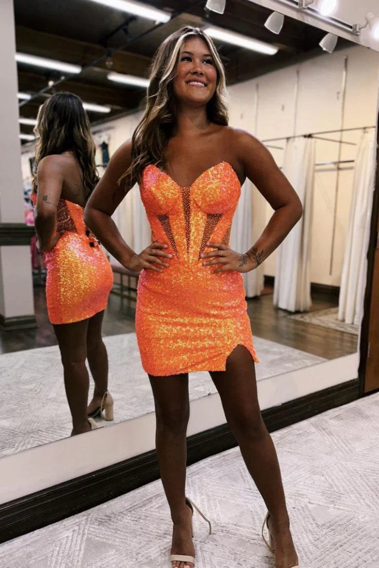 Sparkly Sheath Strapless Sequin Orange Short Homecoming Dress With Slit