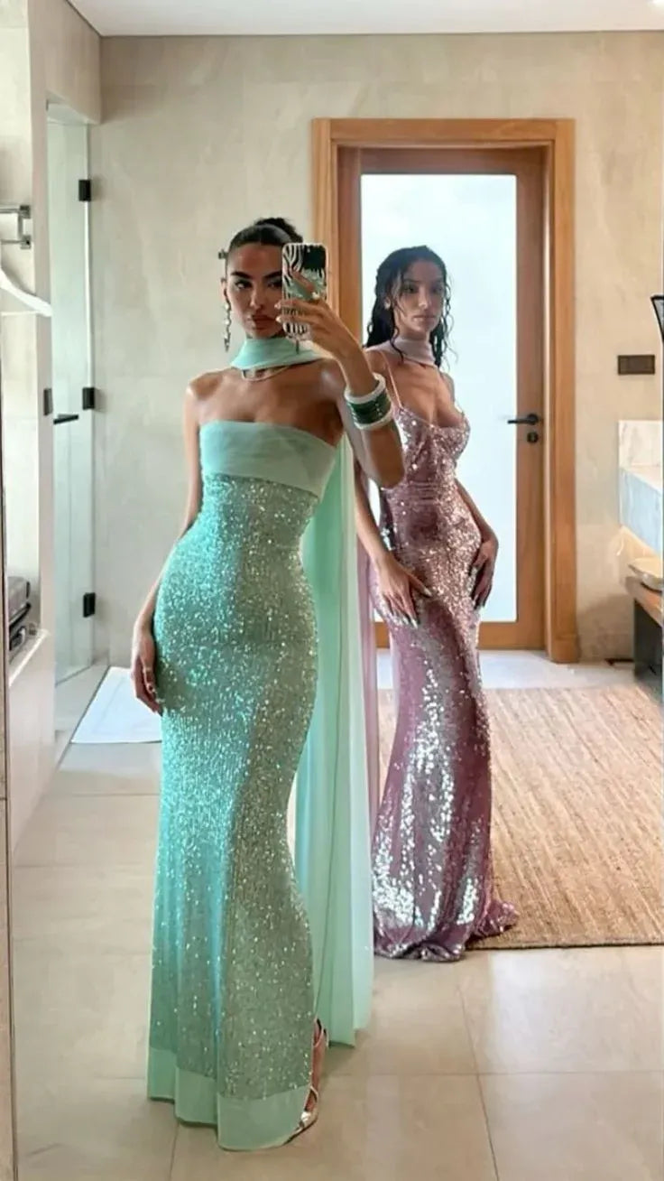 Sparkly Sheath Strapless Sleeveless Sequin Mint Green Maxi Prom Dress For Women Hot Sale