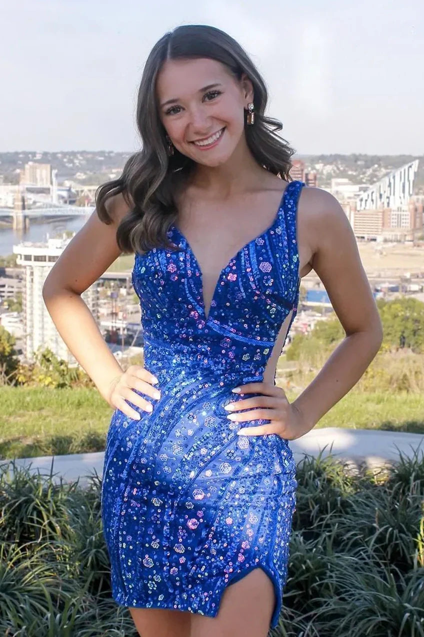 Sparkly Sheath V Neck Cutout Sequins Royal Blue Short Homecoming Dress