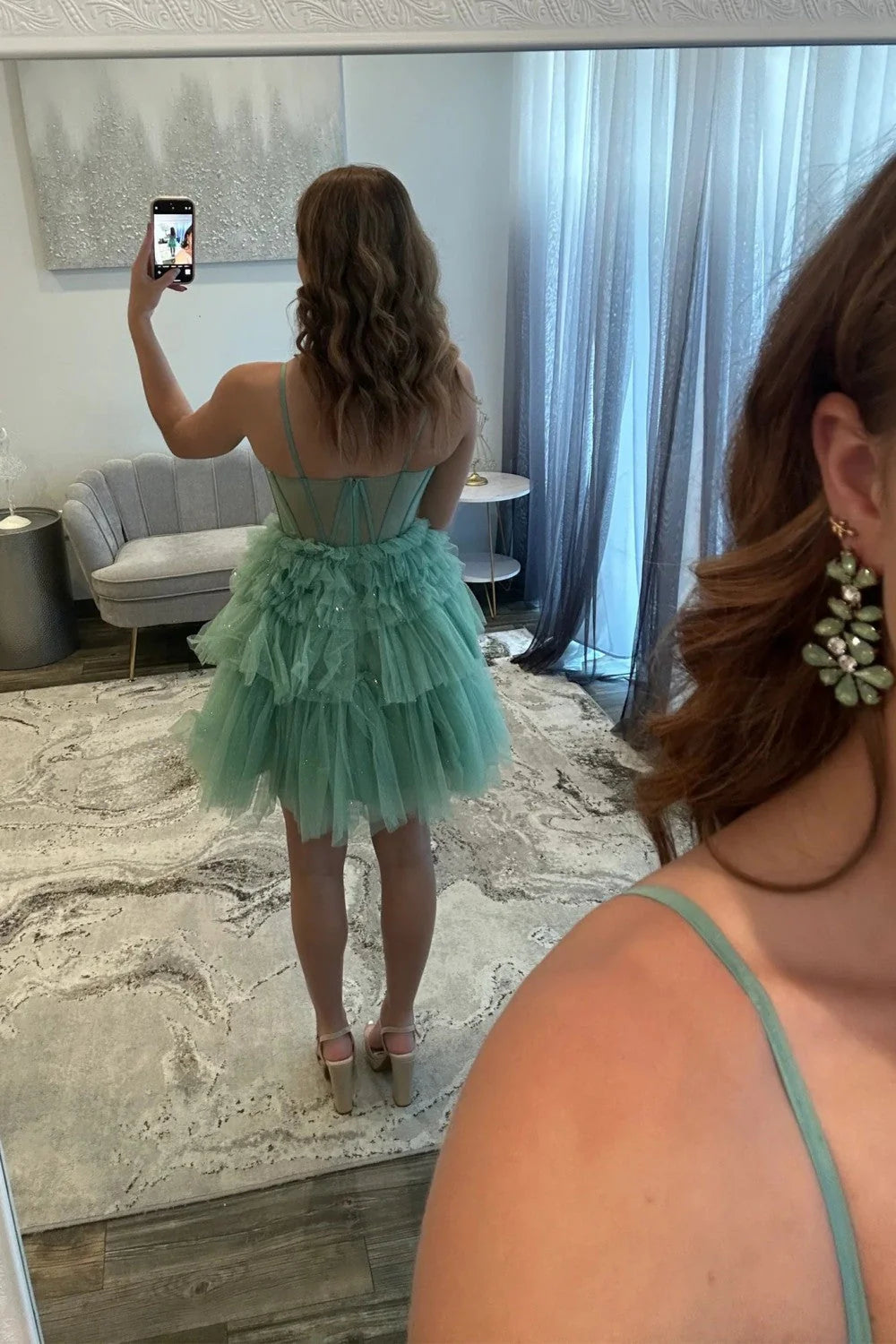 Sparkly Spaghetti Straps Corset Ruffled Tulle Green Short Homecoming Dress