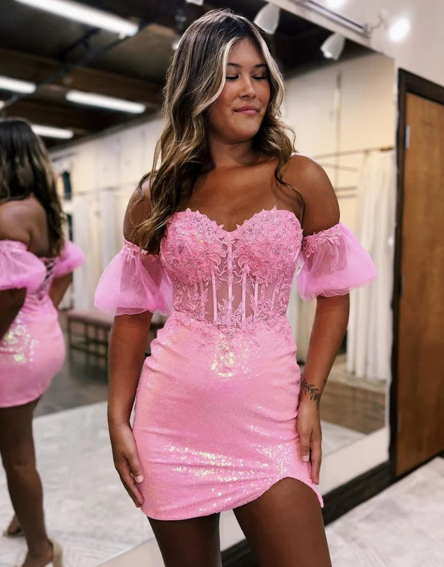 Sparkly Sweetheart Detachable Sleeves Lace Sequin Pink Homecoming Dress