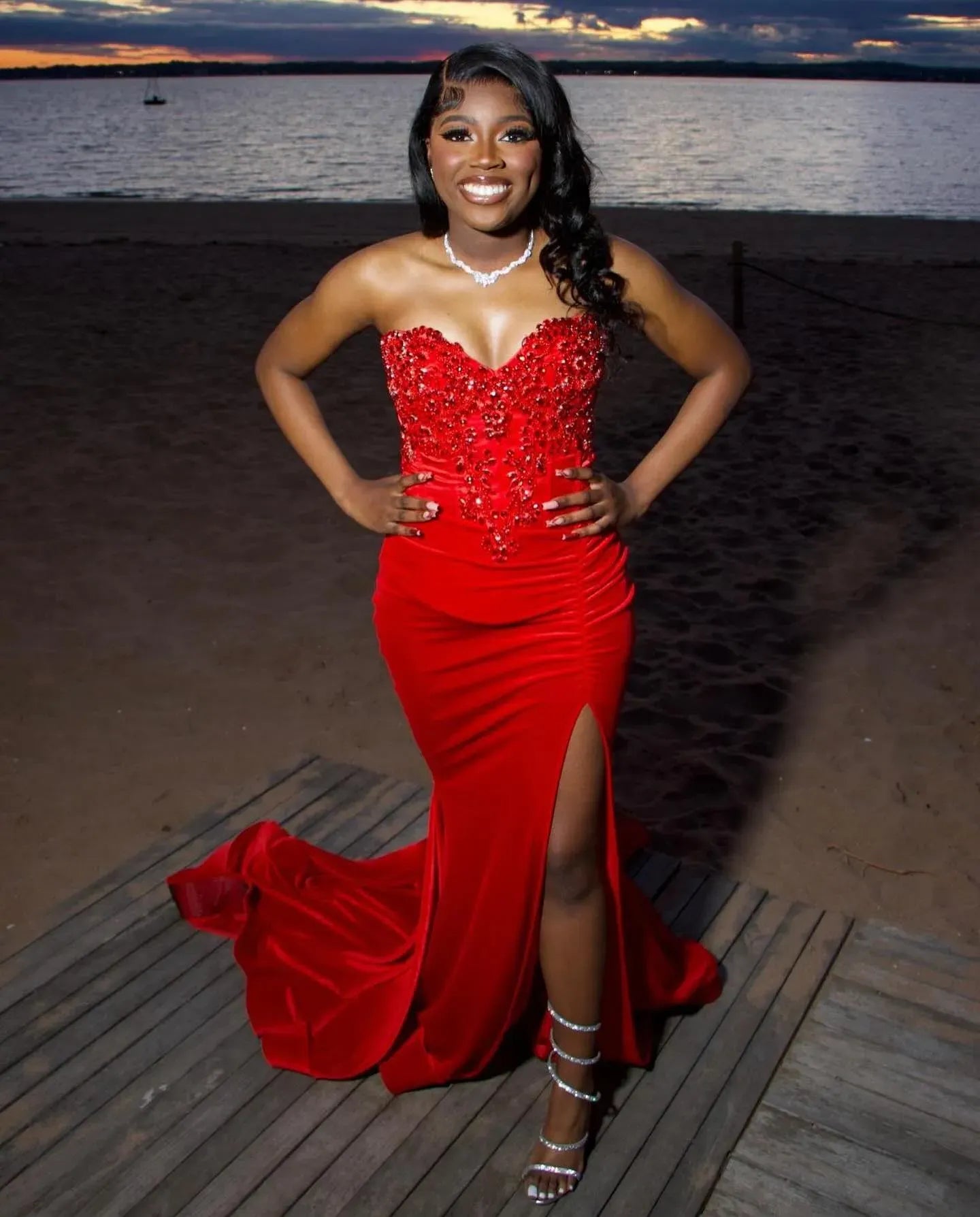 Sparkly Velvet Floor-Length Evening Dress Red Sweetheart Strapless for Women