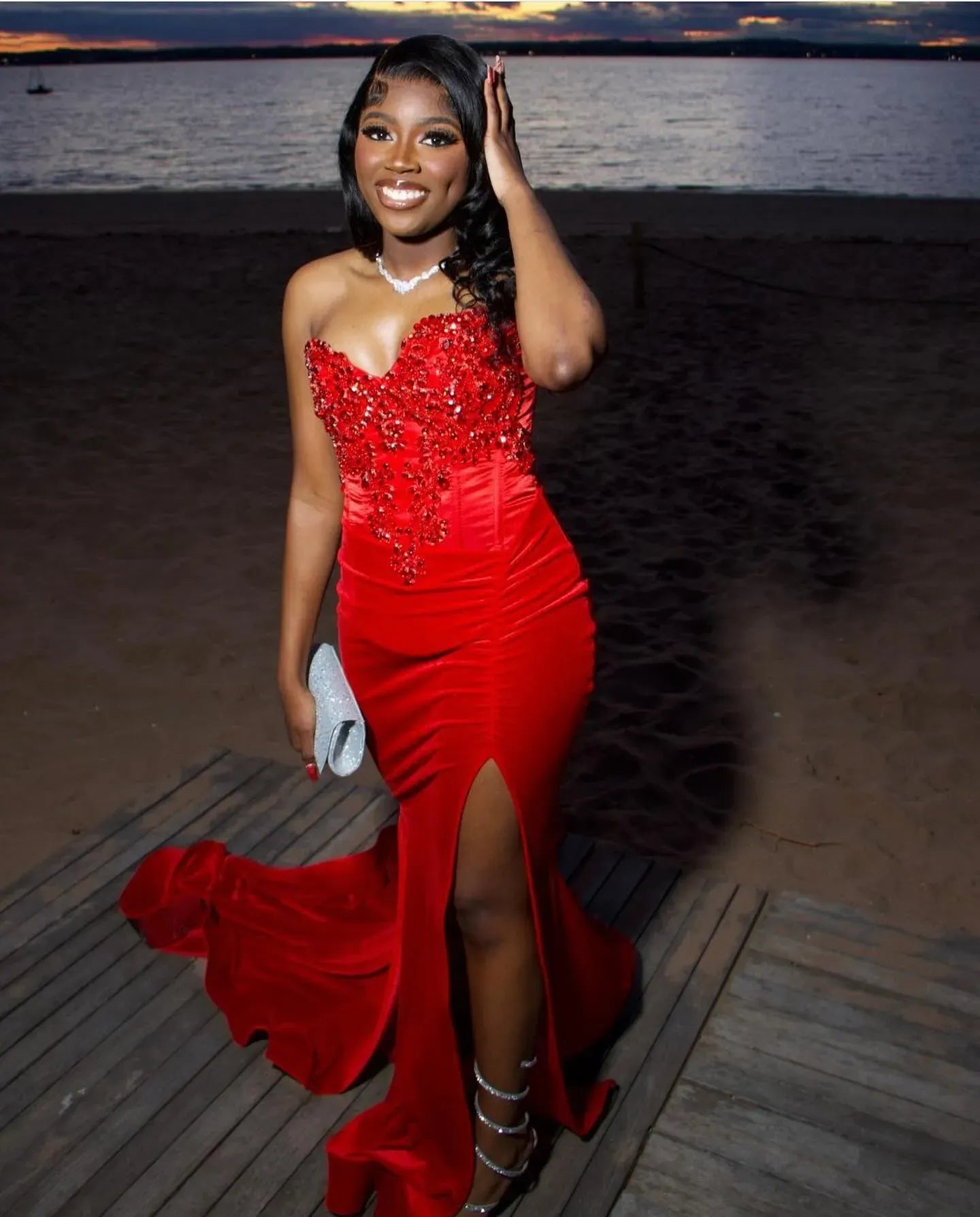Sparkly Velvet Floor-Length Evening Dress Red Sweetheart Strapless for Women