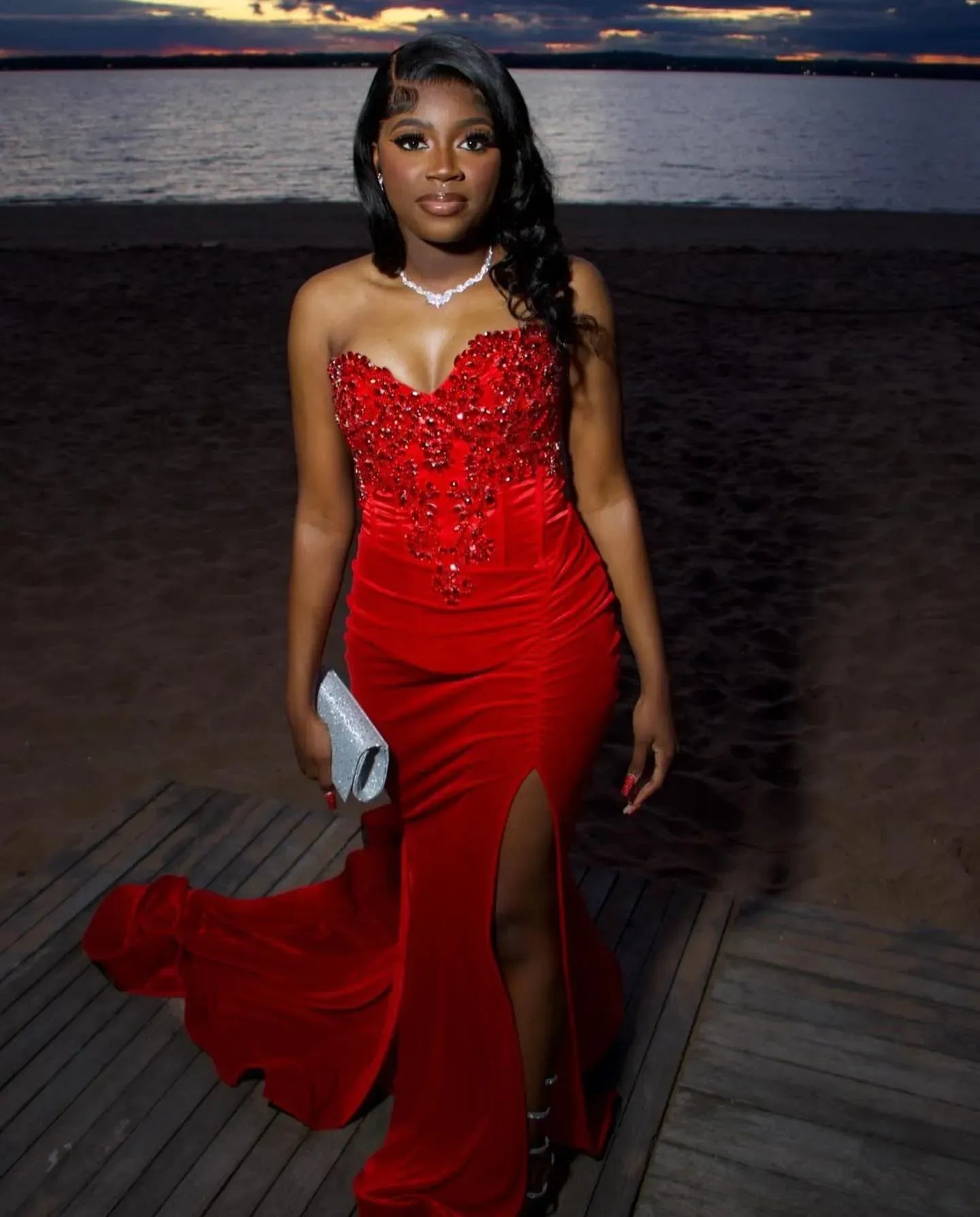 Sparkly Velvet Floor-Length Evening Dress Red Sweetheart Strapless for Women