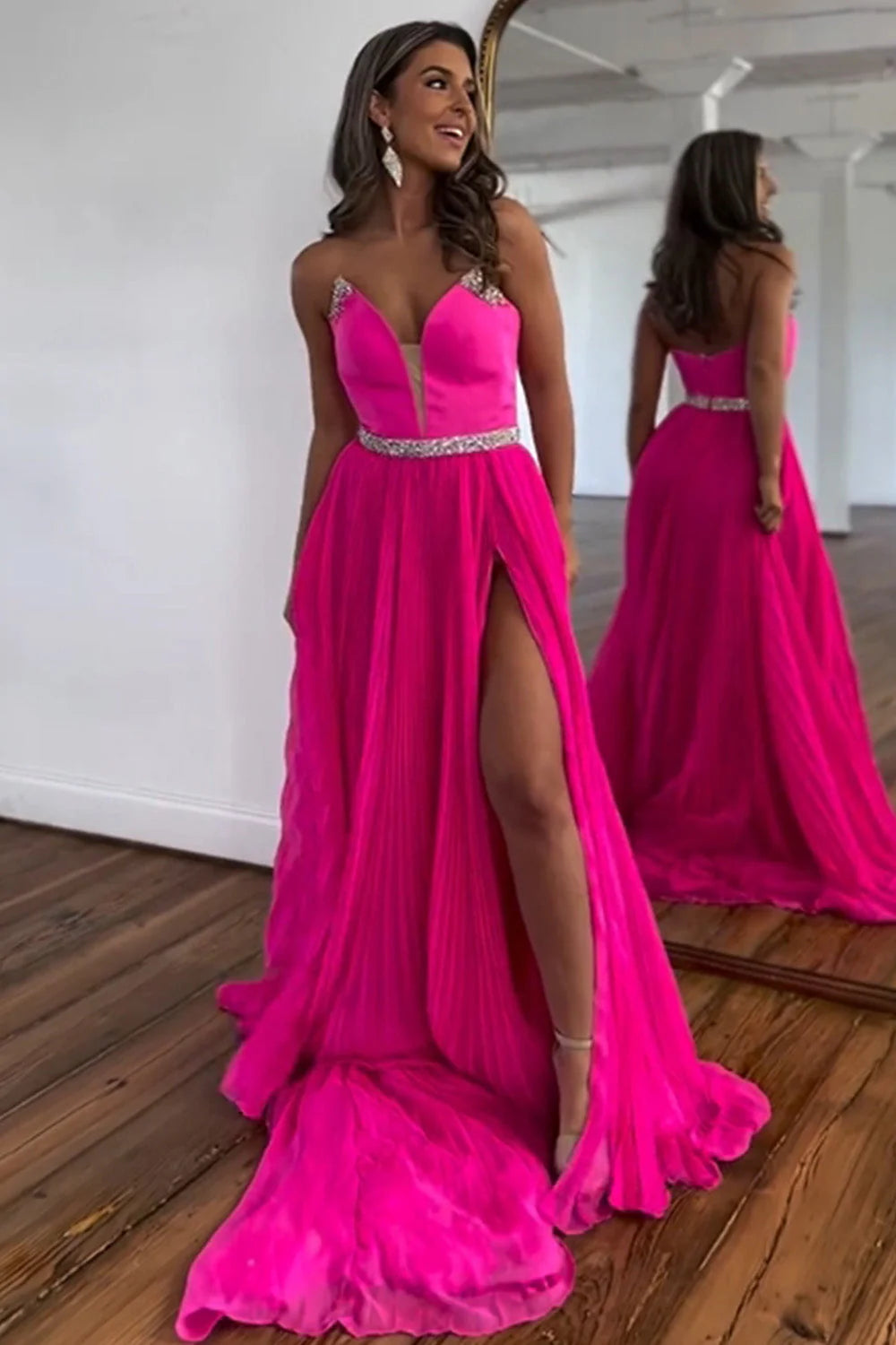 Strapless A-Line Beaded Belt High Slit Hot Pink Prom Dress With Sweep Train