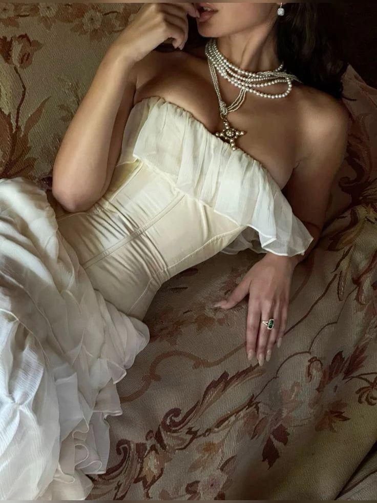 Strapless Corset Tiered Chiffon Ivory Long Prom Dress Evening Dress