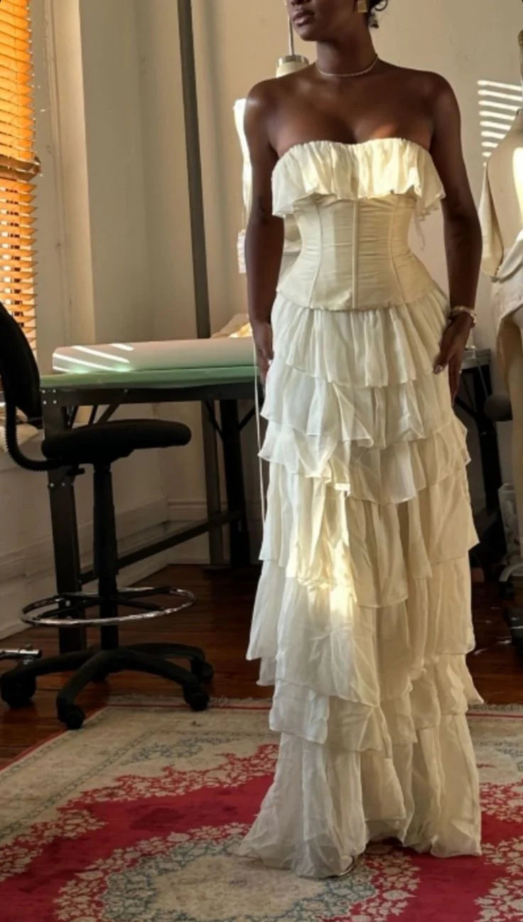 Strapless Corset Tiered Chiffon Ivory Long Prom Dress Evening Dress