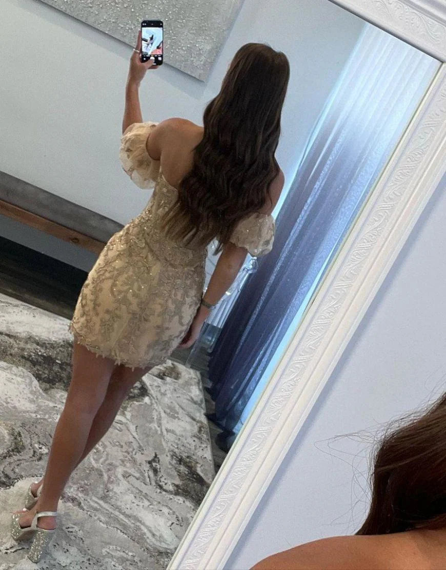 Strapless Detachable Sleeves Lace Champagne Homecoming Dress With Applique