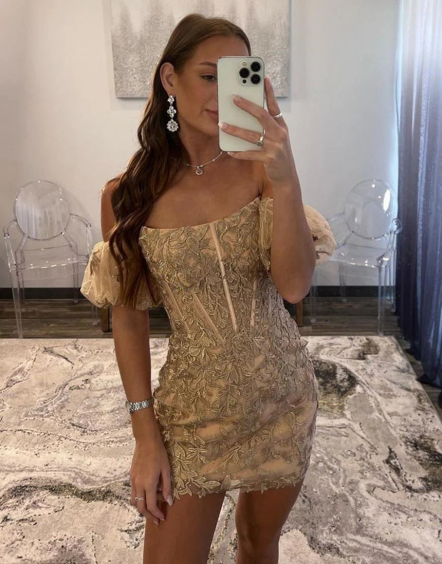 Strapless Detachable Sleeves Lace Champagne Homecoming Dress With Applique