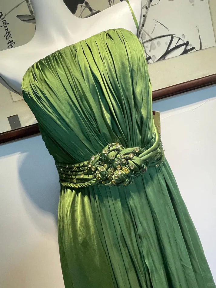 Strapless Pleated Beaded Satin Green Long Party Dress Prom Dress