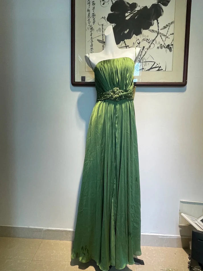 Strapless Pleated Beaded Satin Green Long Party Dress Prom Dress