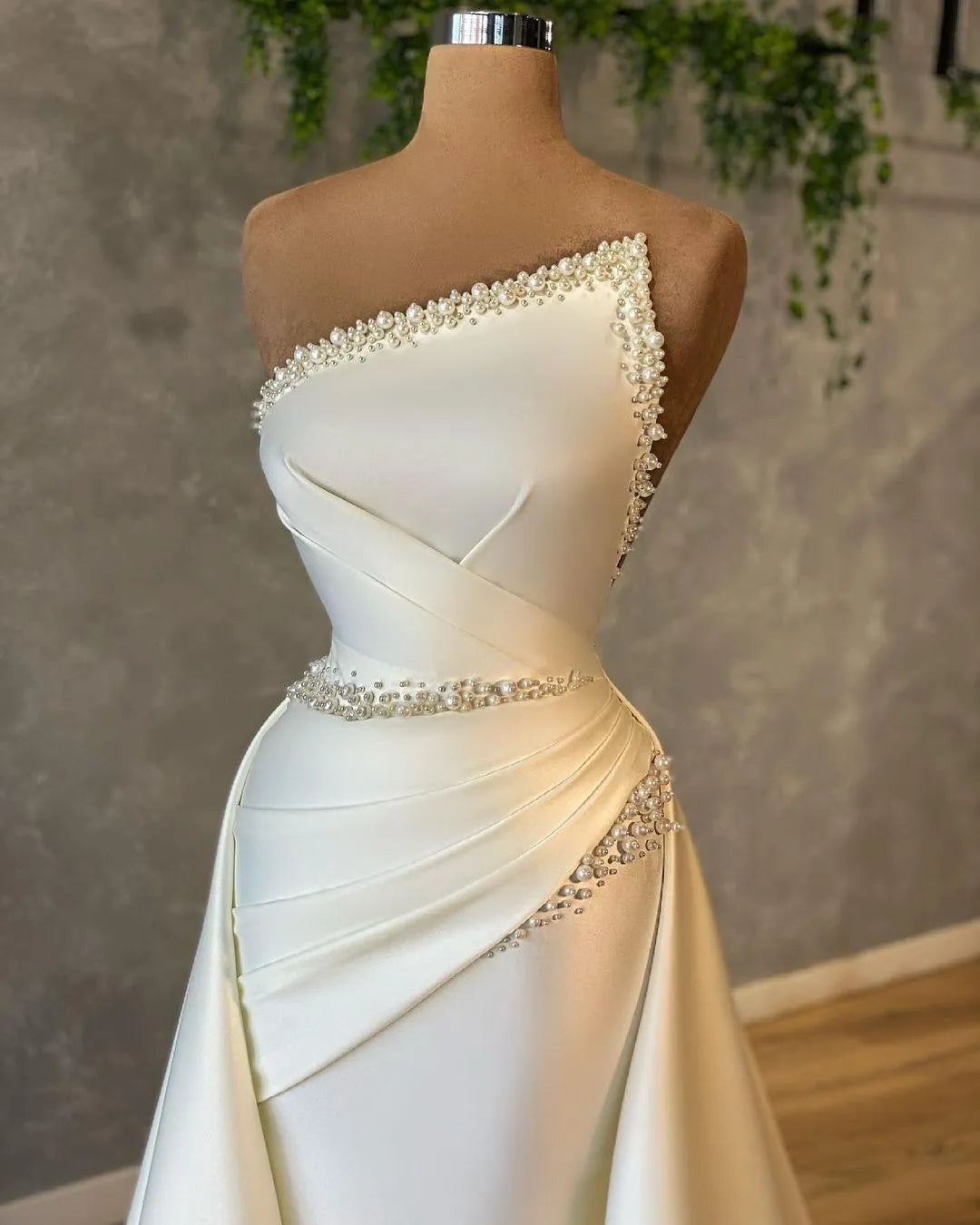 Strapless Pleated Beaded Satin White Long Evening Dress Prom Dress
