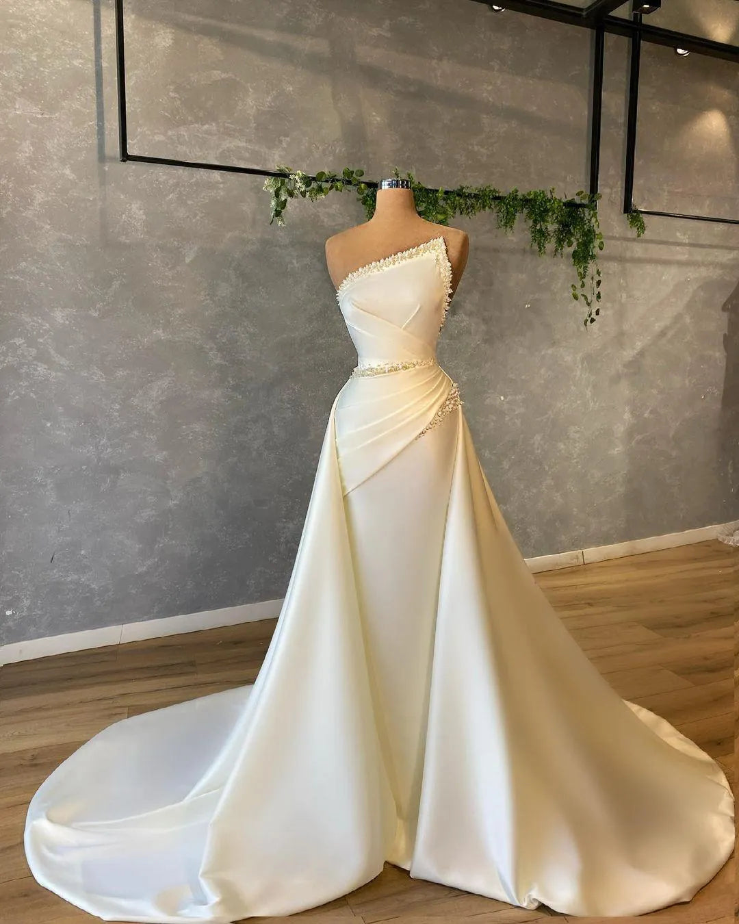 Strapless Pleated Beaded Satin White Long Evening Dress Prom Dress