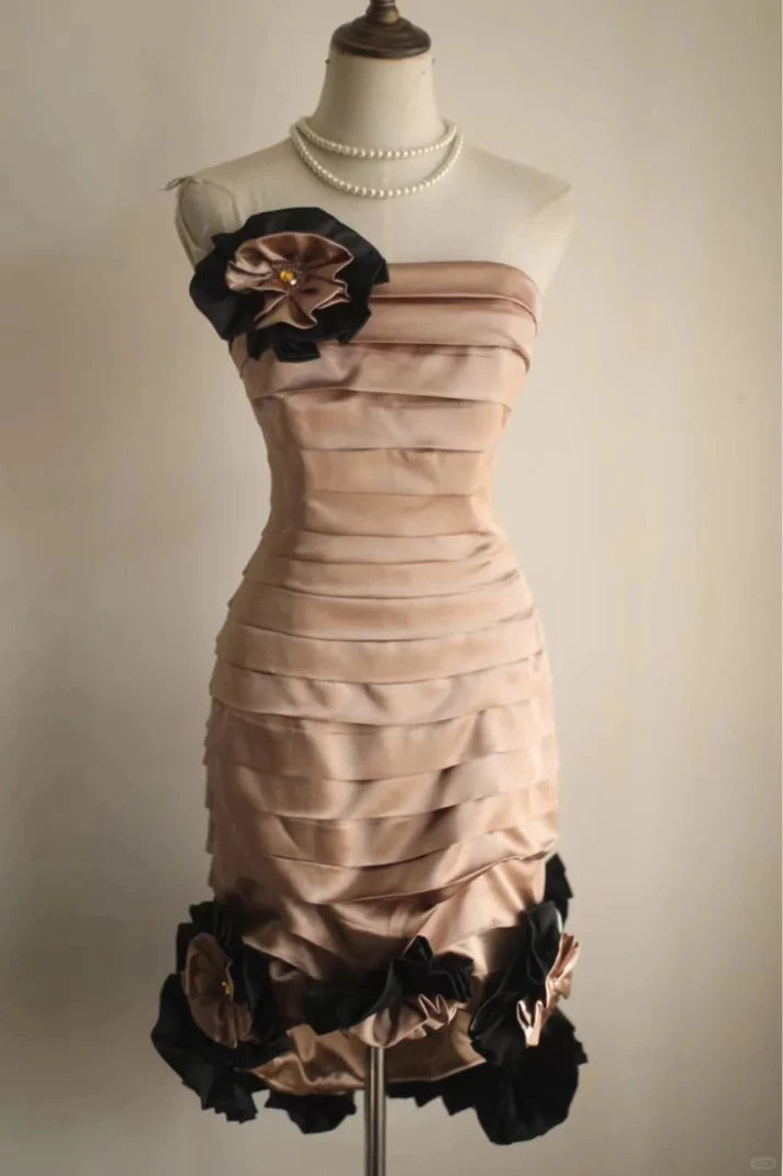 Strapless Pleated Floral Satin Short Homecoming Dress Party Dress