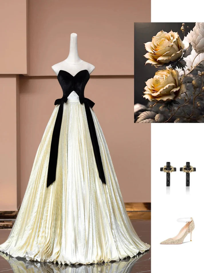 Strapless Pleated Velvet Satin Black Long Prom Dress Party Dress