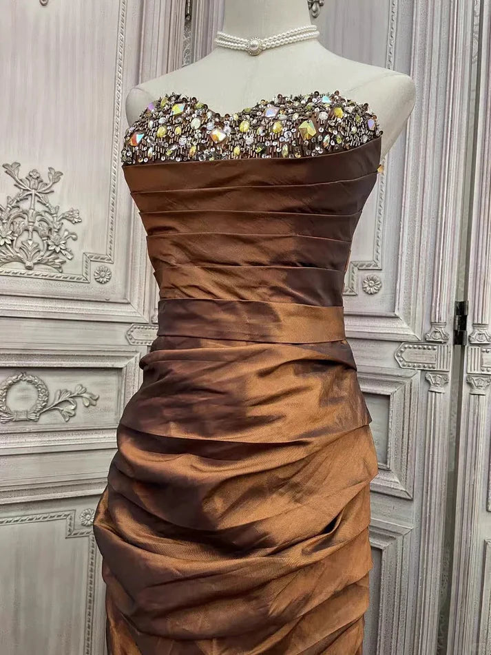 Strapless Rhinestone Satin Brown Short Party Dress Homecoming Dress