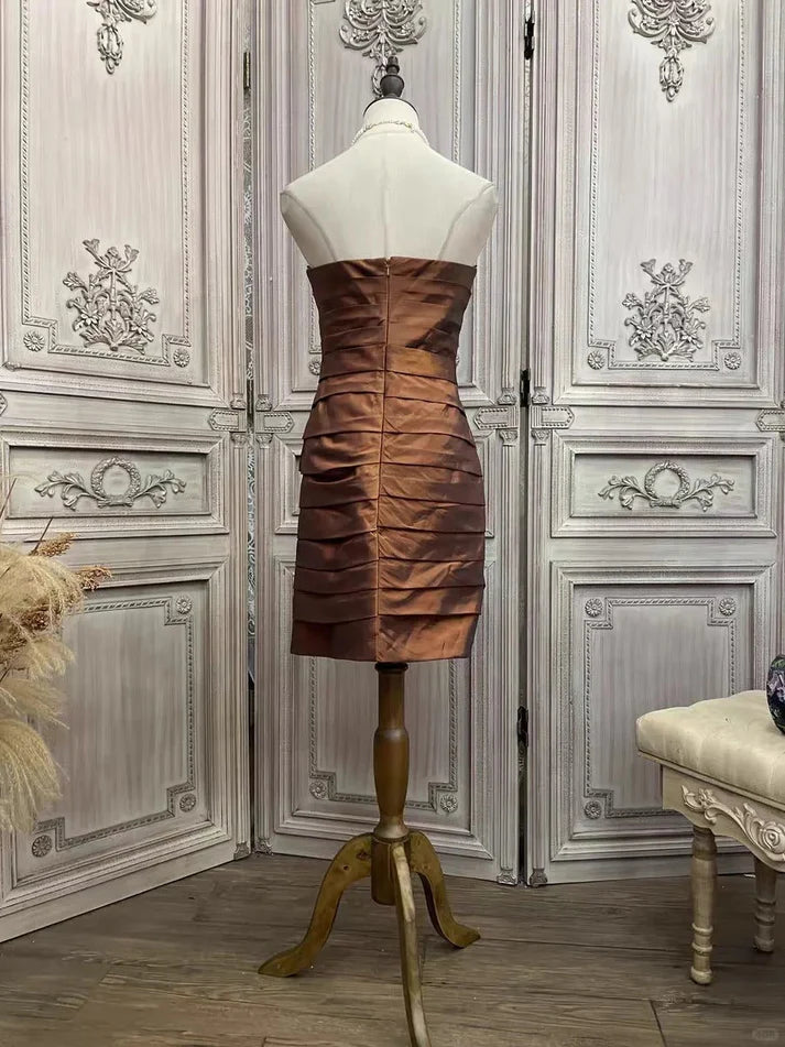 Strapless Rhinestone Satin Brown Short Party Dress Homecoming Dress