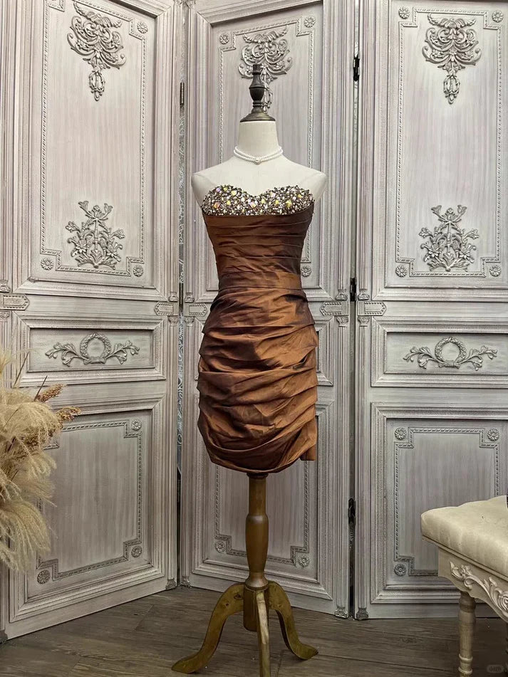 Strapless Rhinestone Satin Brown Short Party Dress Homecoming Dress