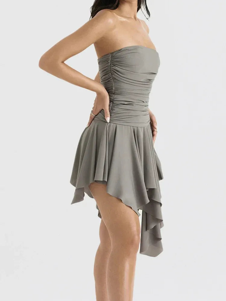 Strapless Ruched Ruffle Grey Short Homecoming Dress With Asymmetrical Hem