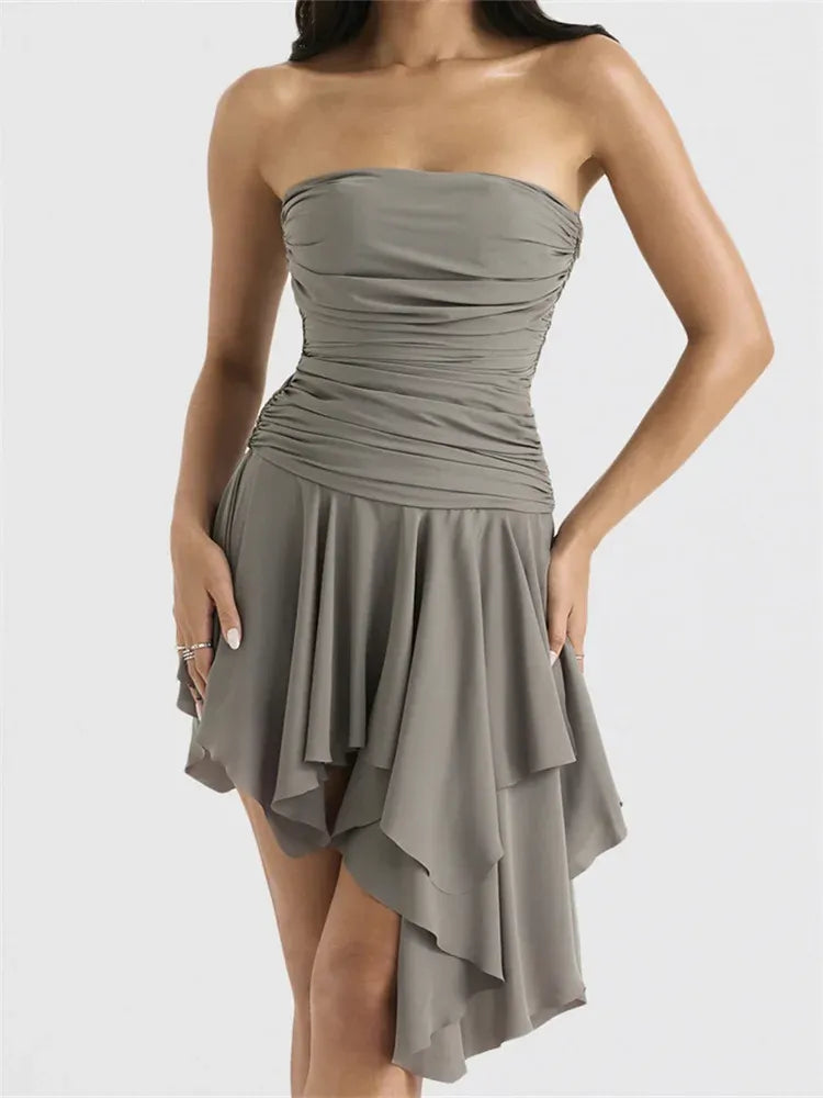 Strapless Ruched Ruffle Grey Short Homecoming Dress With Asymmetrical Hem