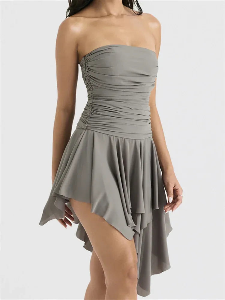 Strapless Ruched Ruffle Grey Short Homecoming Dress With Asymmetrical Hem