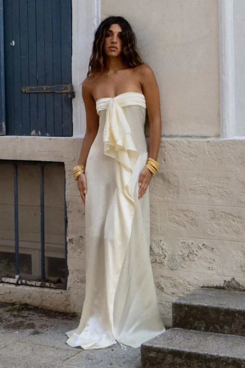 Sheath Strapless Ruched Ruffle Satin Cream Floor-Length Prom Dress With High Slit