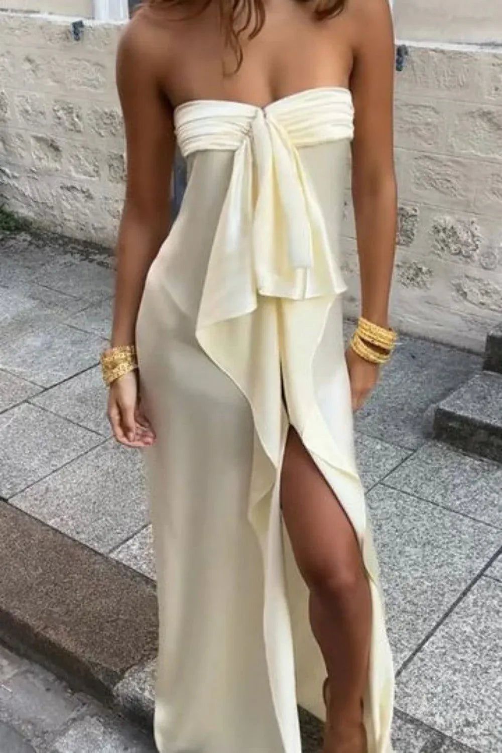 Sheath Strapless Ruched Ruffle Satin Cream Floor-Length Prom Dress With High Slit