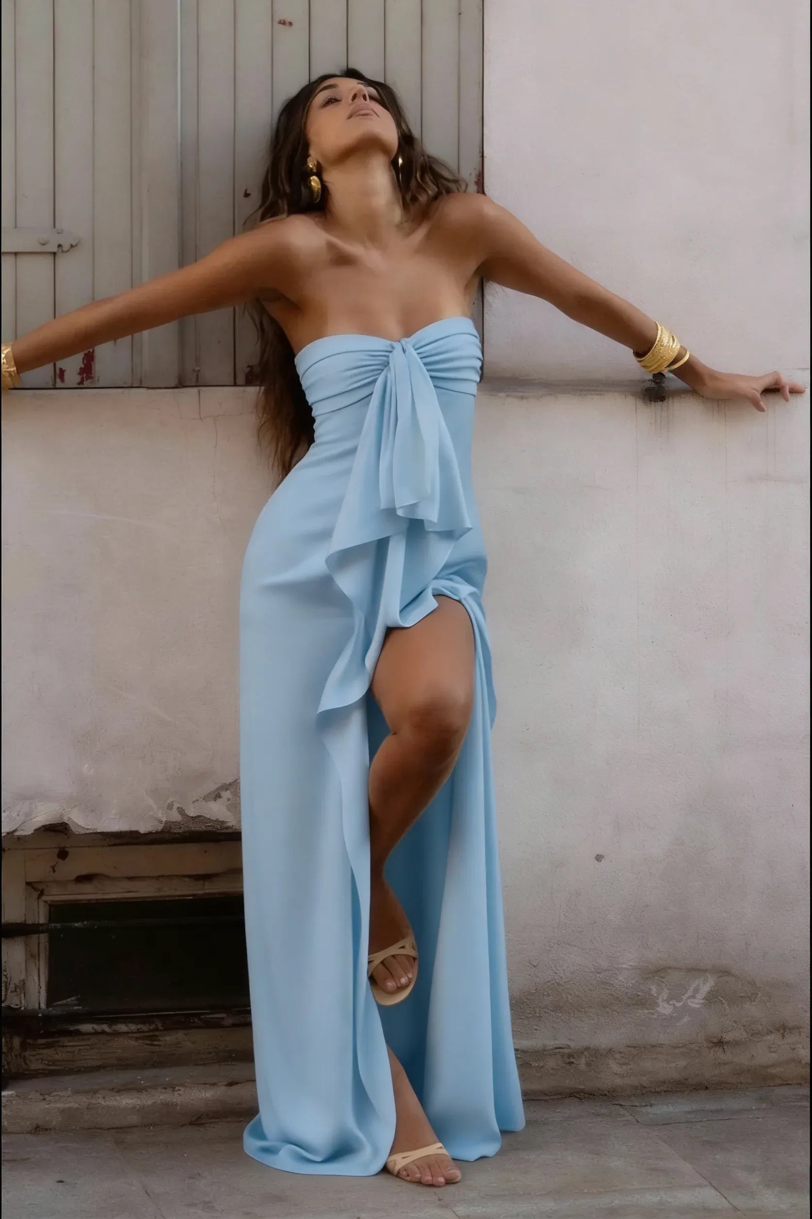 Sheath Strapless Ruched Ruffle Satin Cream Floor-Length Prom Dress With High Slit