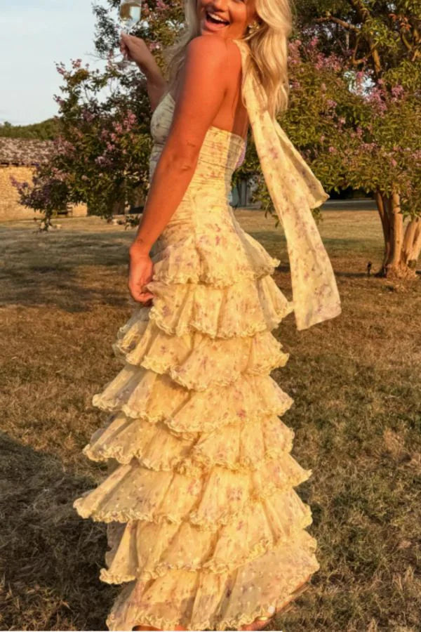 Strapless Tiered Floral Chiffon Yellow Long Prom Dresses Party Dresses