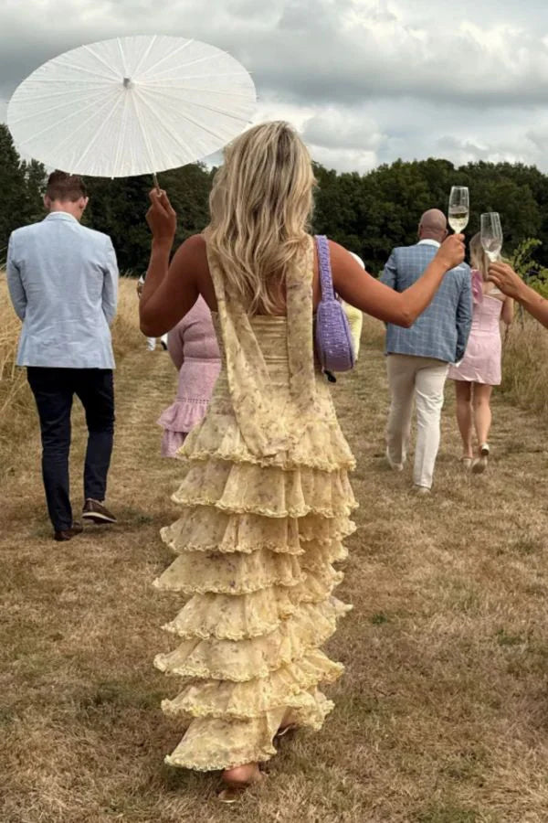 Strapless Tiered Floral Chiffon Yellow Long Prom Dresses Party Dresses