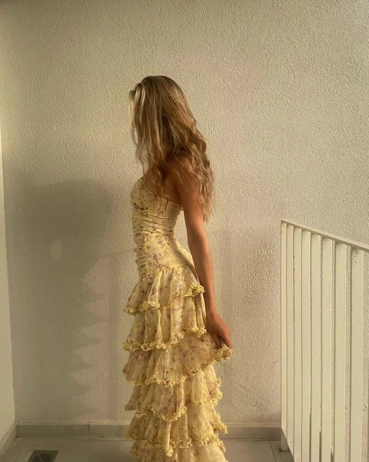 Strapless Tiered Floral Chiffon Yellow Long Prom Dresses Party Dresses