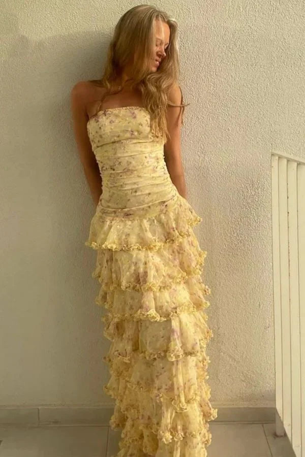 Strapless Tiered Floral Chiffon Yellow Long Prom Dresses Party Dresses