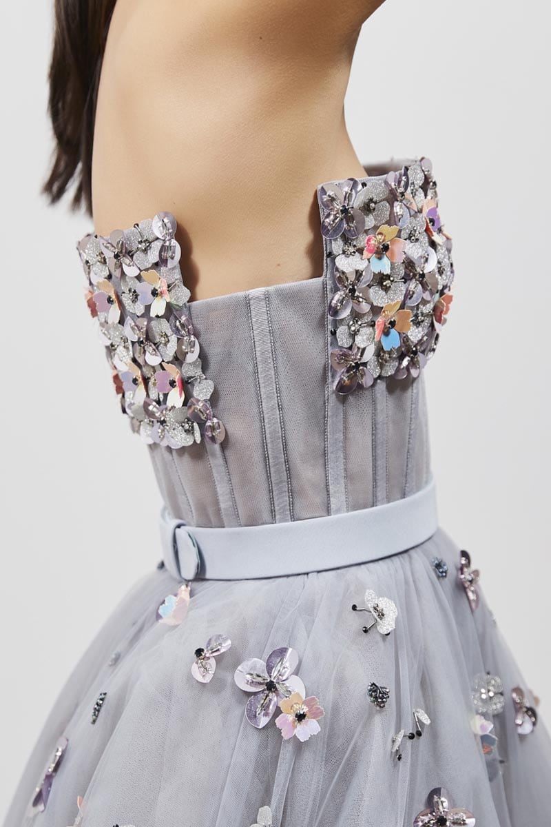 Strapless Off-the-Shoulder A-line Tulle Flower Prom Dress With Train