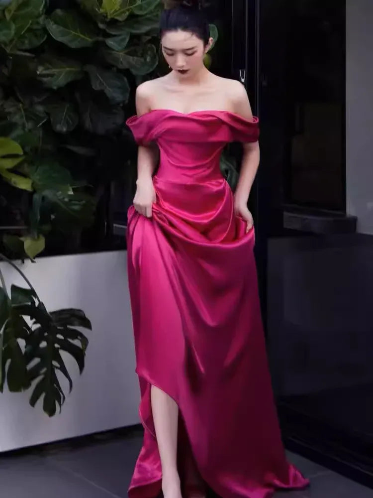 Striking A-line Off-the-Shoulder Sleeveless Draped Magenta Train Prom Dress for Women Custom