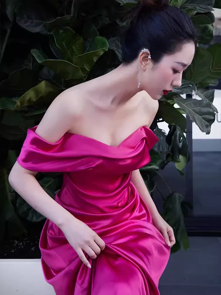 Striking A-line Off-the-Shoulder Sleeveless Draped Magenta Train Prom Dress for Women Custom