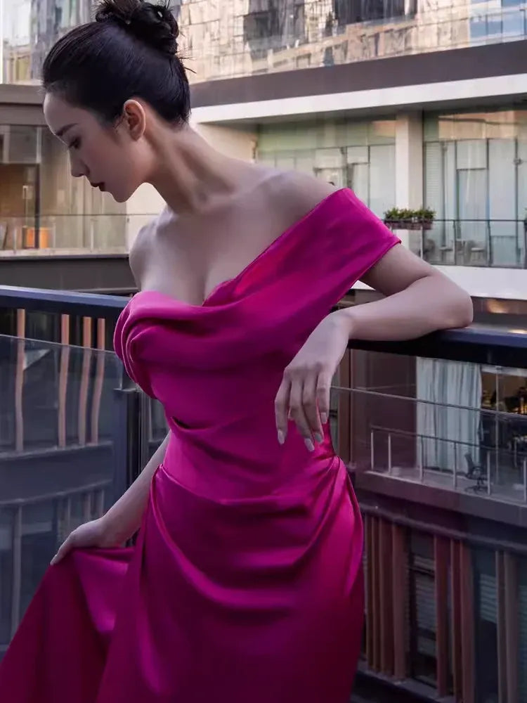 Striking A-line Off-the-Shoulder Sleeveless Draped Magenta Train Prom Dress for Women Custom